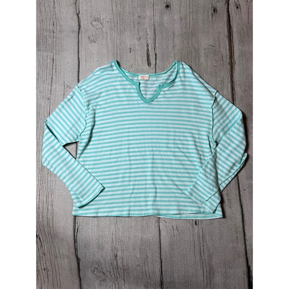 Hailey & Co Striped Long Sleeve Top Womens Medium Mint Green Coastal Casual